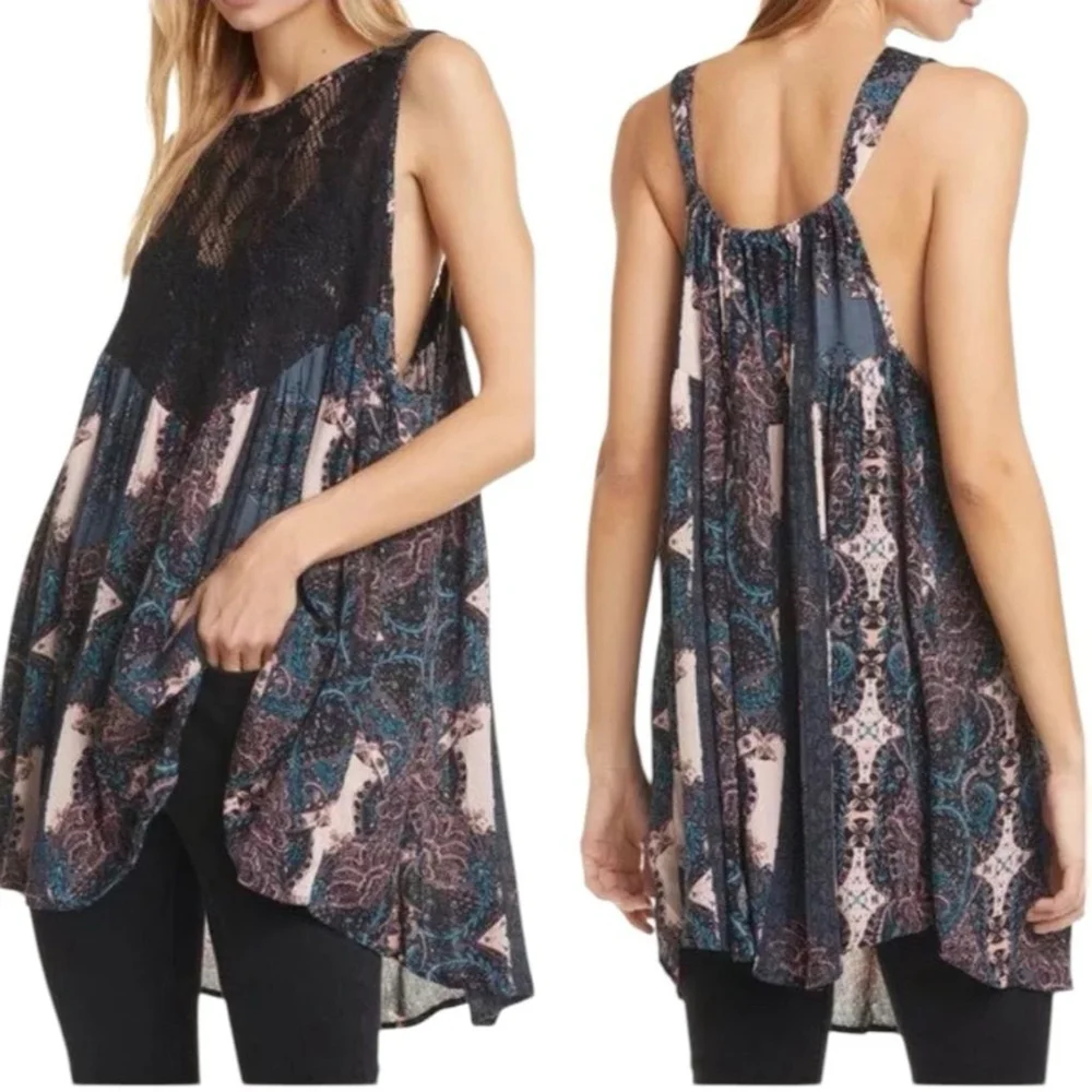NWT FREE PEOPLE Count Me In Trapez Lace Detail Flowy Tank Top Size XSmall - Picture 2 of 3